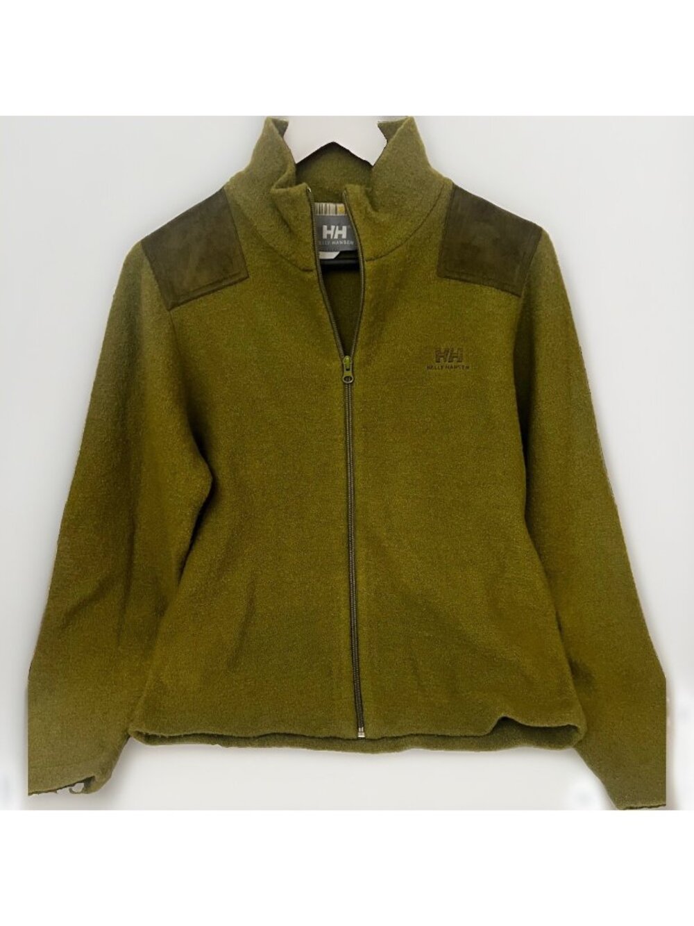 Mens 100 % Wool Helly Hansen Green Patch Full Zip Sweater Size Small.   Ee